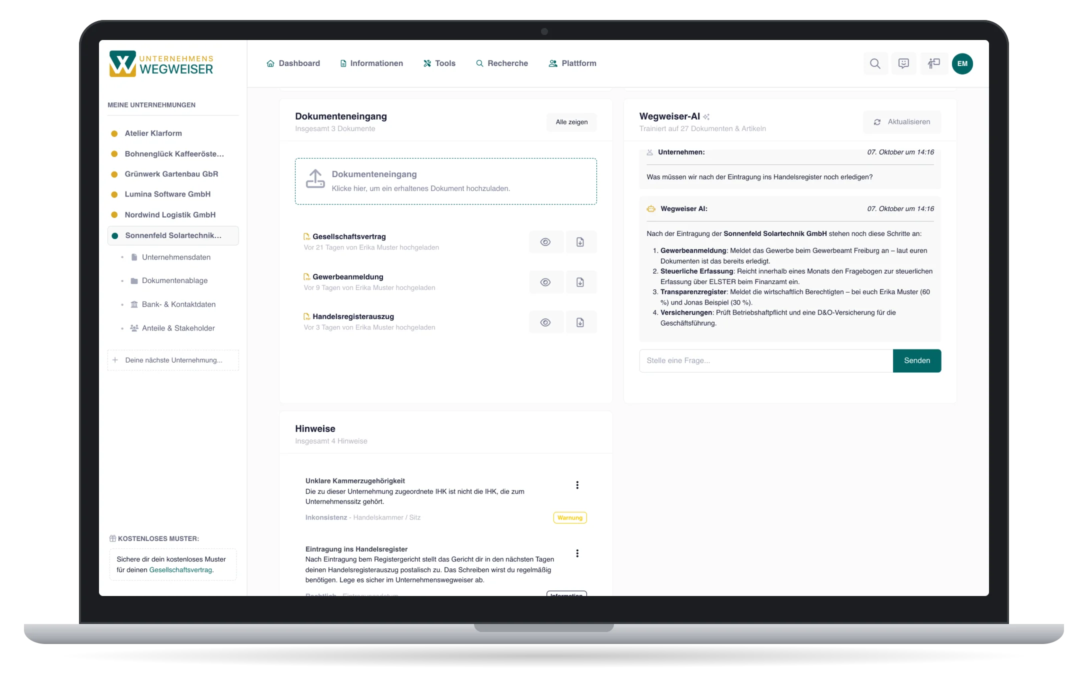 Unternehmensübersicht mit Dokumenteneingang, Wegweiser-AI und smarten Hinweisen