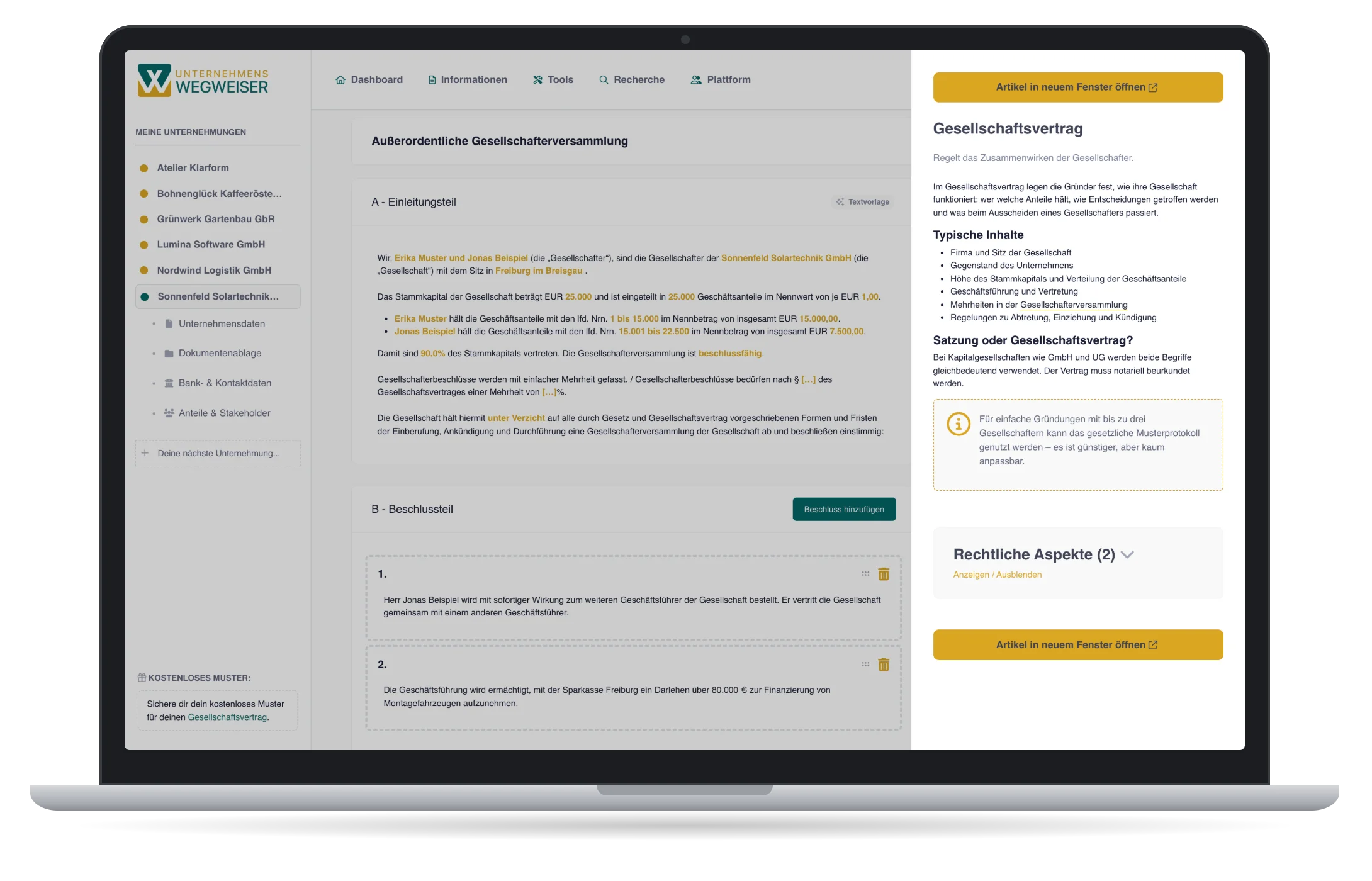 Unternehmenswegweiser für Rechtsanwälte: Gesellschafterversammlung mit vorausgefülltem Beschluss und Fachartikel zum Gesellschaftsvertrag